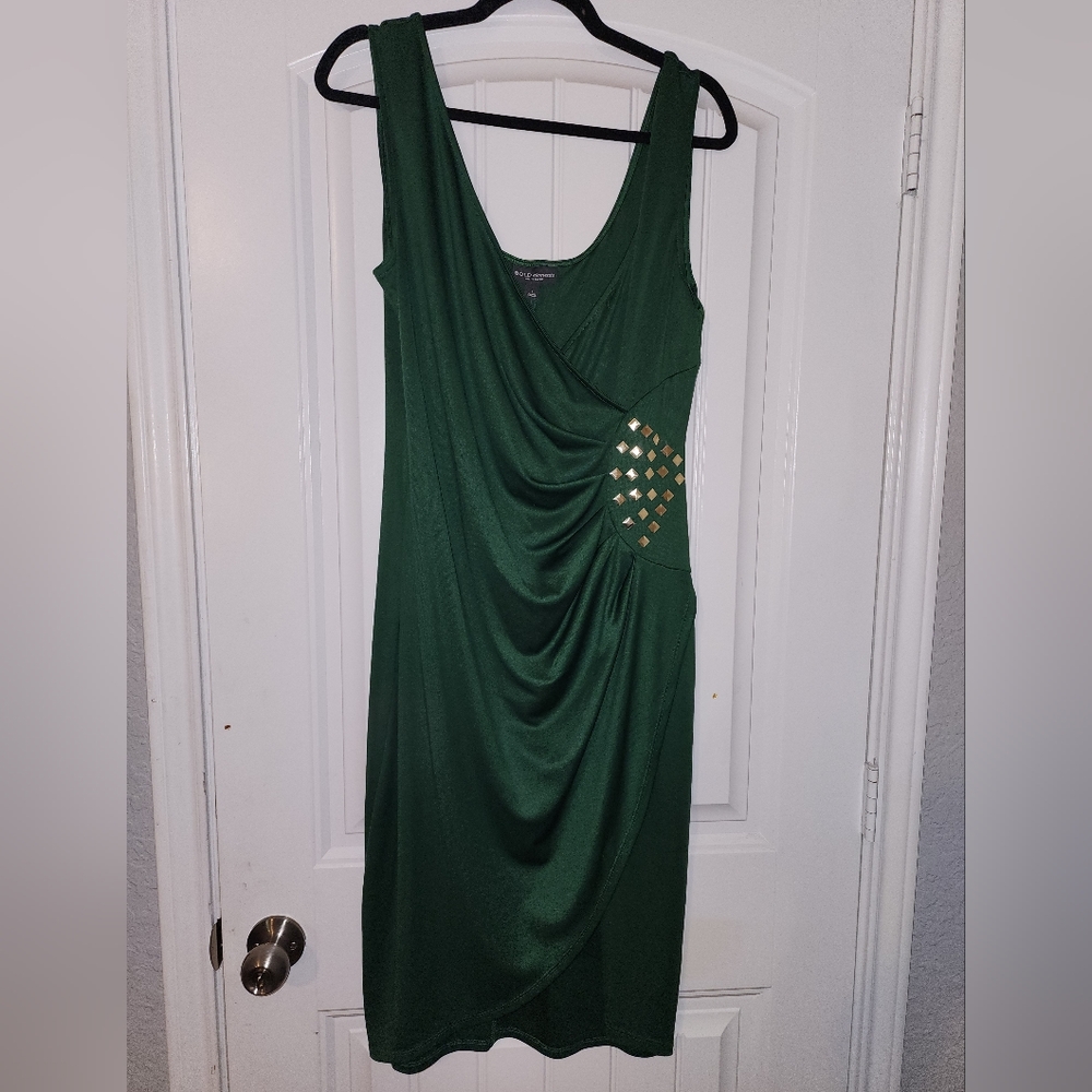 Green dress with gold embelish at rouched waist